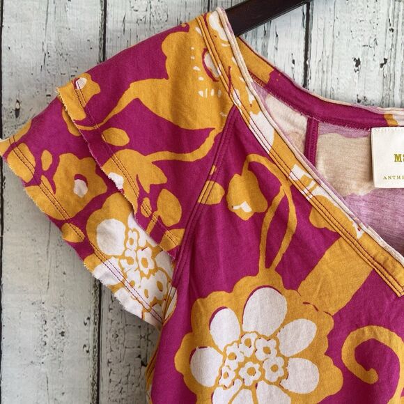 Anthropologie Maeve Catie Ruffle Sleeve Top Size M Bright Floral Orange Pink - Picture 4 of 10
